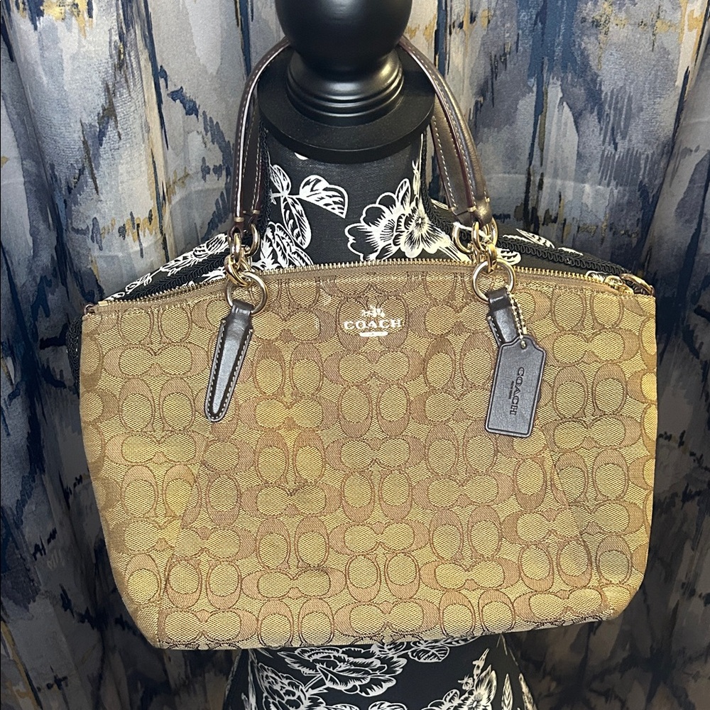Coach Brown and Tan Signature Shoulder Bag